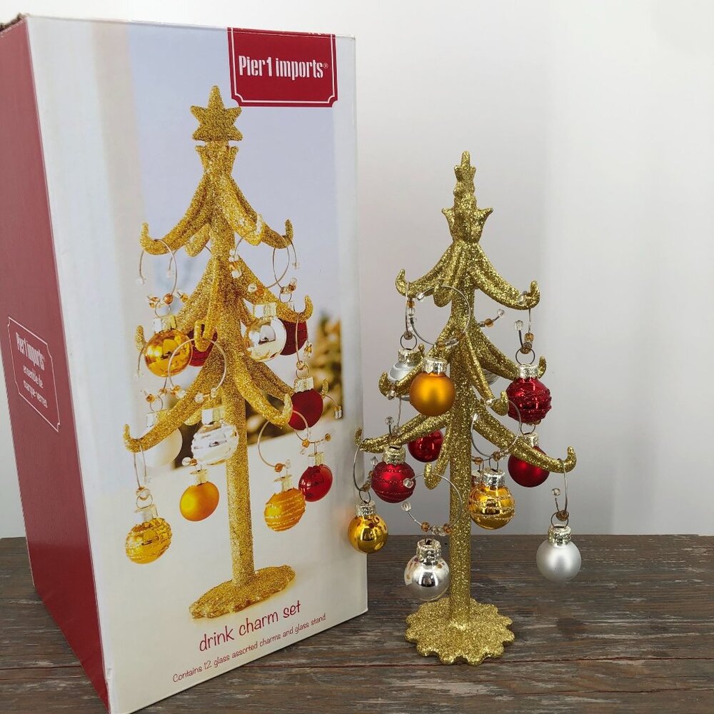 Pier 1 Imports Gold Glitter Christmas Tree Drink Charm Set